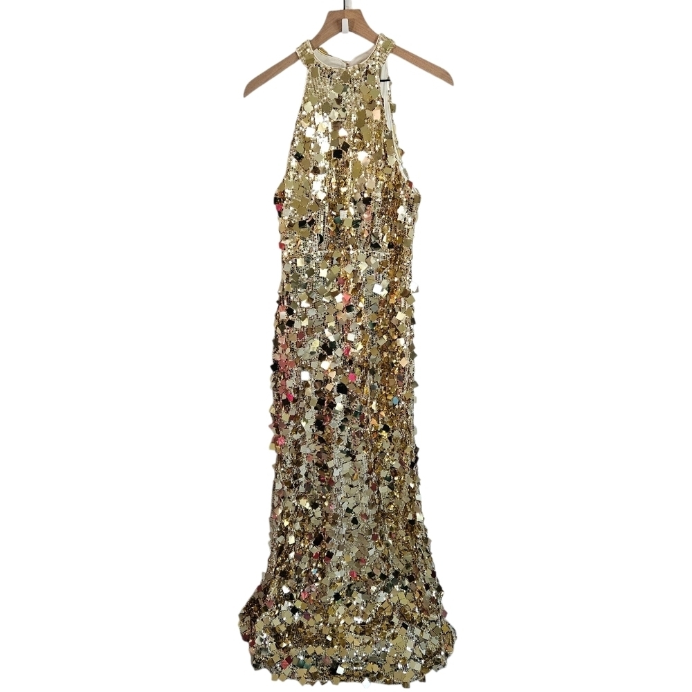 Love & Lemonade Gold Sequin Halter Neck Gown with Train NWT